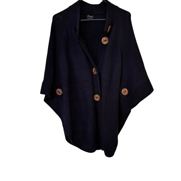 Pure Handknit Poncho Cape Knit Sweater Large Round Wood Buttons Blue One Size - Picture 1 of 7